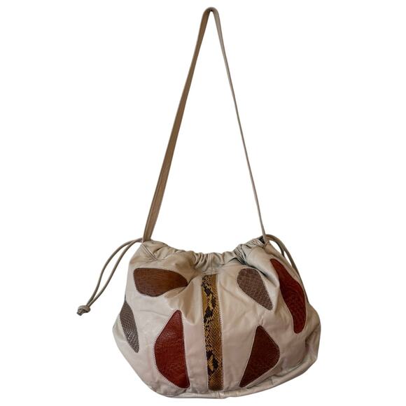 1980s Exotic Patchwork Leather Drawstring Shoulder Bag - Picture 6 of 9
